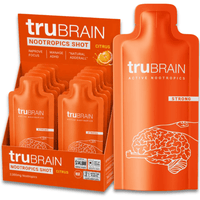 A retail display box and a single large pouch of truBRAIN Nootropics Shot in citrus flavor, shown on a clean white background. The packaging is bright orange with white text and a white brain illustration.